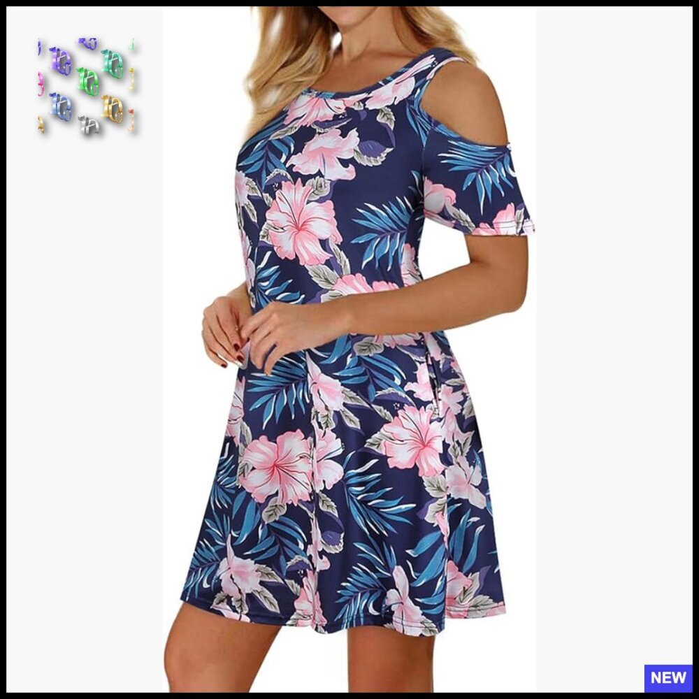 Floral Cold Shoulder T-Shirt Dress Flowy Boho Chic Summer Casual with Pockets